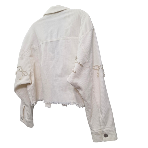 Nwot Peach Love Ivory Cordoroy Pearl Bows Cropped Raw Edge Collared Jacket - Picture 11 of 17